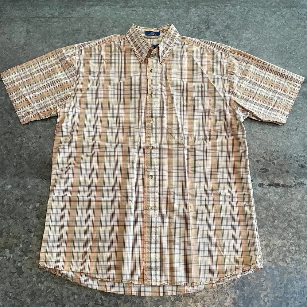 Vintage Pendleton Short Sleeve Plaid Shirt Mens Medium Tan Brown Green Neutral